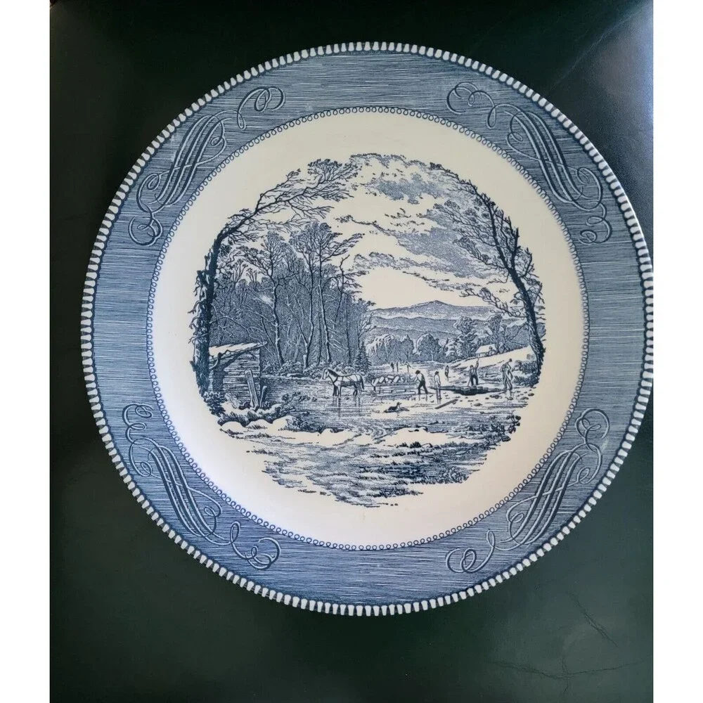 Vintage Royal Currier & Ives Blue Chop Plate Round Plate Platter Getting Ice 12
